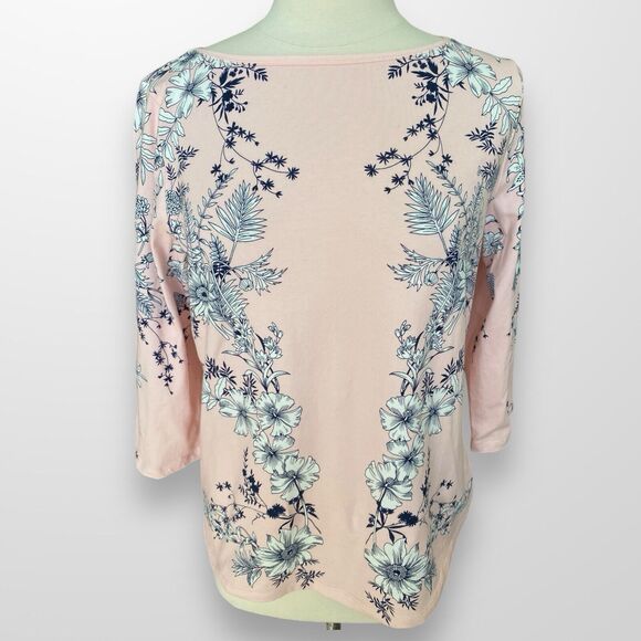 Talbots Tee Size Large Petite‎ Top Shirt Scoop Neck 3/4 Sleeve Pink Navy - Picture 2 of 8